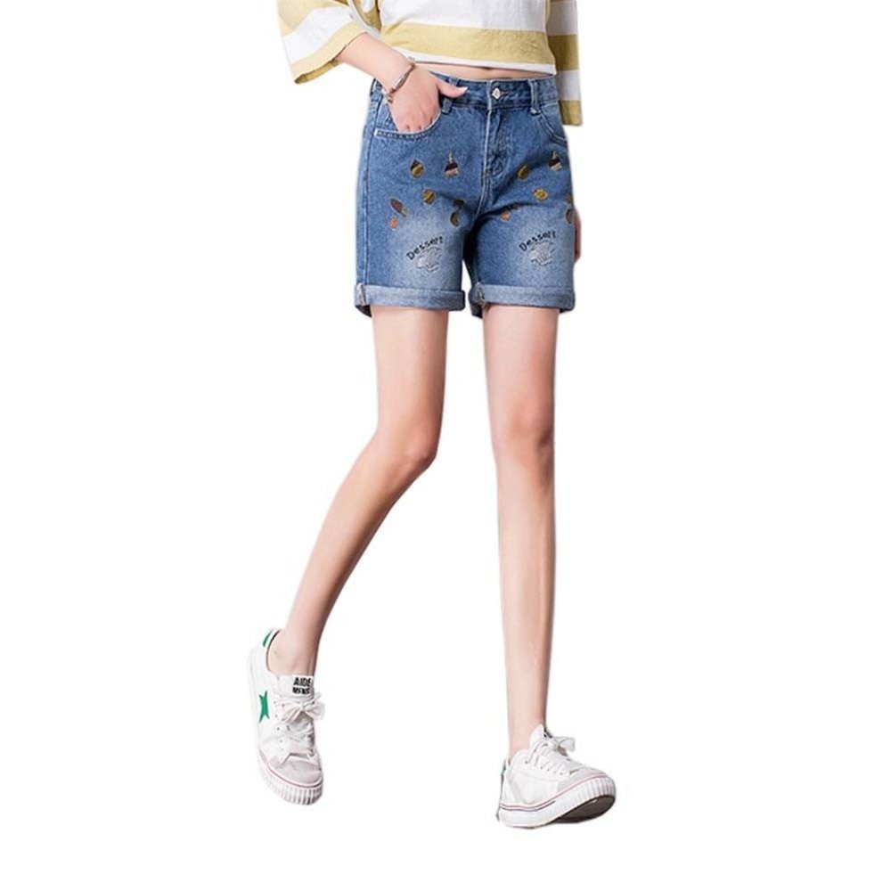 High-quality Jeans Shorts Exquisite Embroidery High Waist Shorts, F